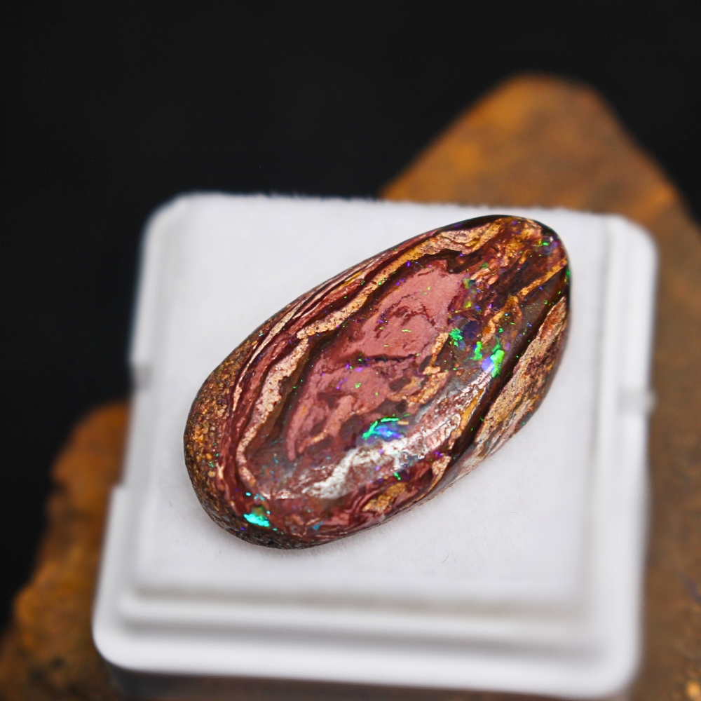QLDBRSPO-313.1 Amazing Queensland Natural Boulder Opal 12.59 ct, solid freeform opal, medium dome with B3 brilliance, green blue purple colours, pinfire and flickering matrix.
