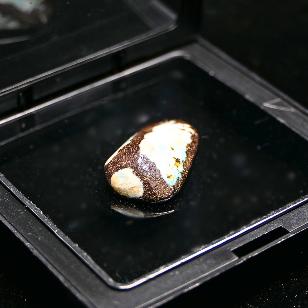 QLDBRSPO-584.1 Delightful Natural Queensland Boulder Opal 20.00 ct with subtle green colour play, B2 brightness, polished solid Australian gemstone displaying natural brilliance.
