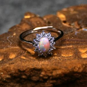 Dazzling Coober Pedy Crystal Opal 1.00 ct 925 Silver Adjustable Ring Size 6+3⁄4