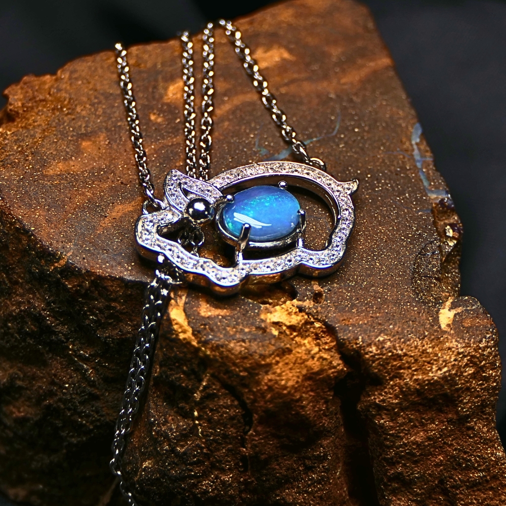 ONDOSPO-758.2 Enticing Lightning Ridge Natural Dark Opal Necklace 0.75ct with CZ. 925 sterling silver, 36+5cm adjustable chain, mystical elegance.