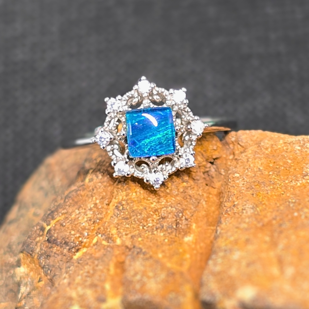 ORTRPO-779.1 Ravishing Lightning Ridge natural triplet opal adjustable ring in 925 sterling silver with squared opal showing blue, green, and gold hues, US size 7