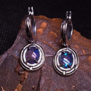 Luxurious Lightning Ridge Black Crystal Opal 3.50 ct 925 Silver with 14K Gold design Hoop Earrings