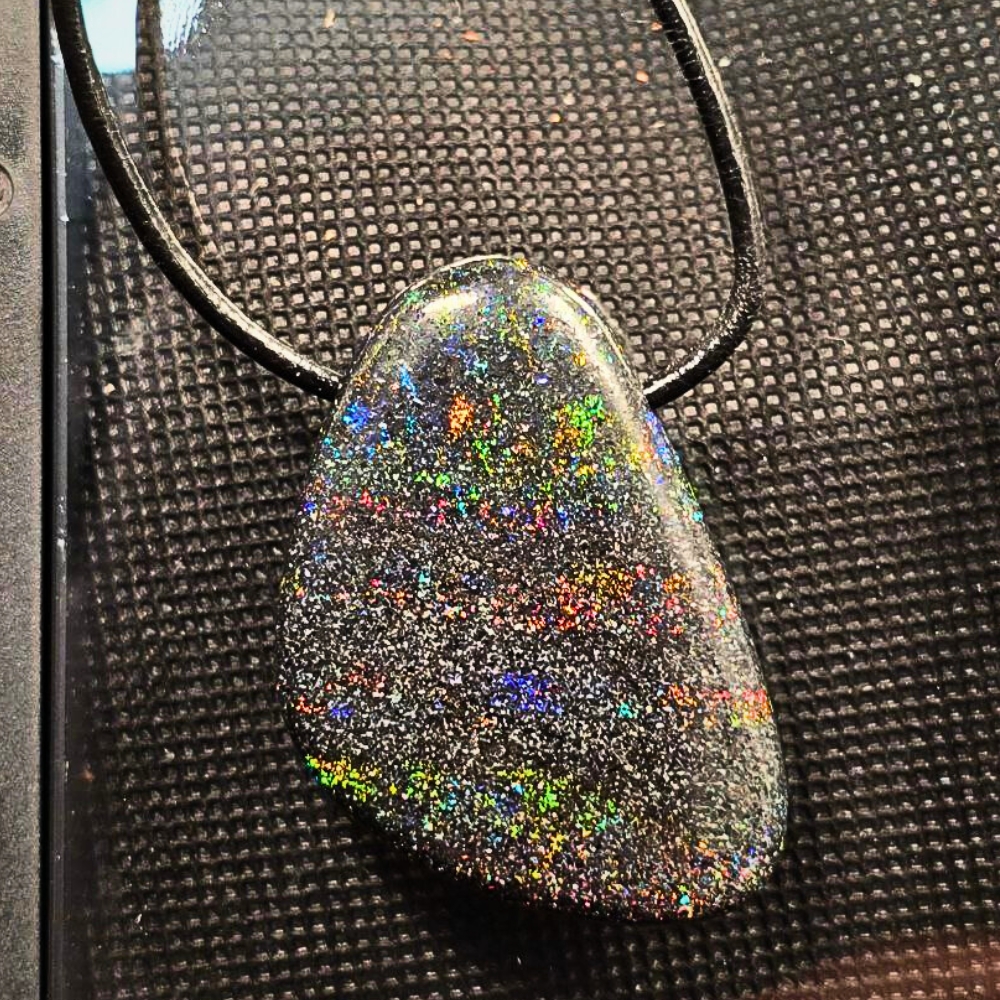 ONMOTPO-810.4 80 ct treated Jundah matrix opal pendant necklace with freeform natural opal, high dome shape, shimmering blue green gold orange pink purple red colours, set on adjustable cord