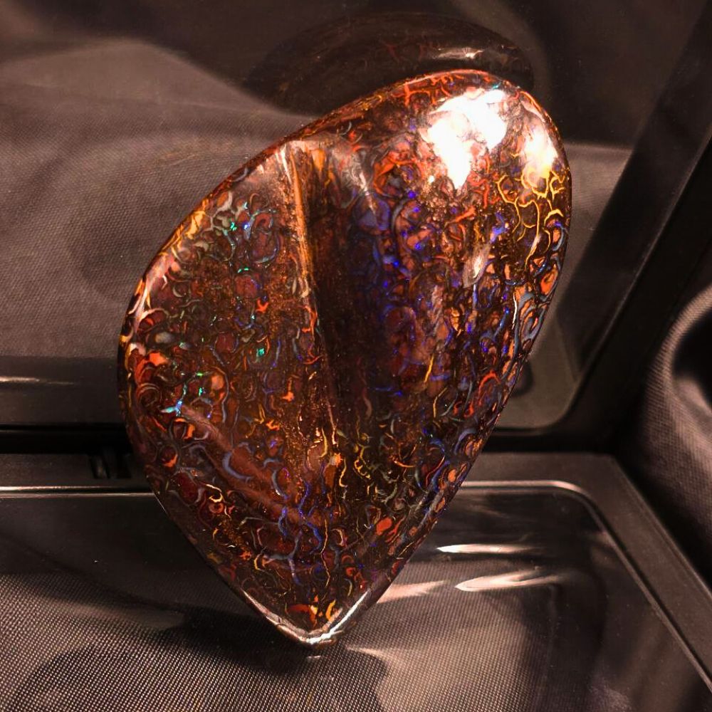 QLDBRSPO-852.1 Majestic Natural Queensland Boulder Opal 120.90 ct showcases vibrant blue, green, purple, and red flashes with brilliant B3 brightness and organic beauty.