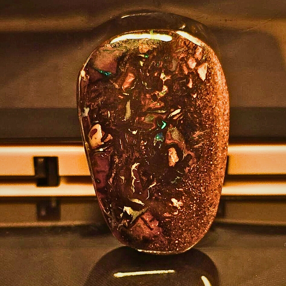 QLDBRSPO-894.1 Polished The Tribal Pulse Natural Queensland Boulder Opal 32.4 Ct revealing harmonious blue, green, and purple flashes within a low dome profile, B2 brightness, across resilient ironstone.