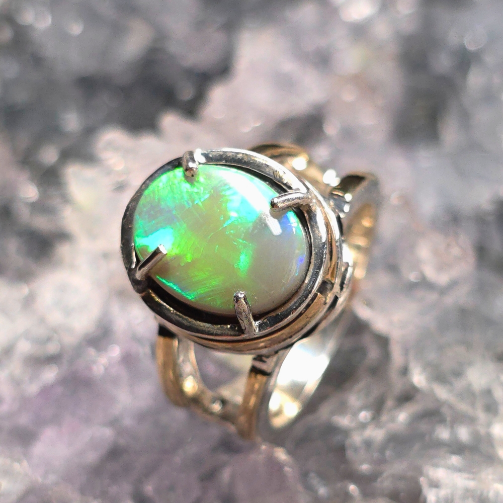 ORDOSPO-993.1 Uranus Lightning Ridge multicolour Natural Dark Opal in 925 Silver and 14K Gold Ring Size US 6 ( AU L 1/2 )