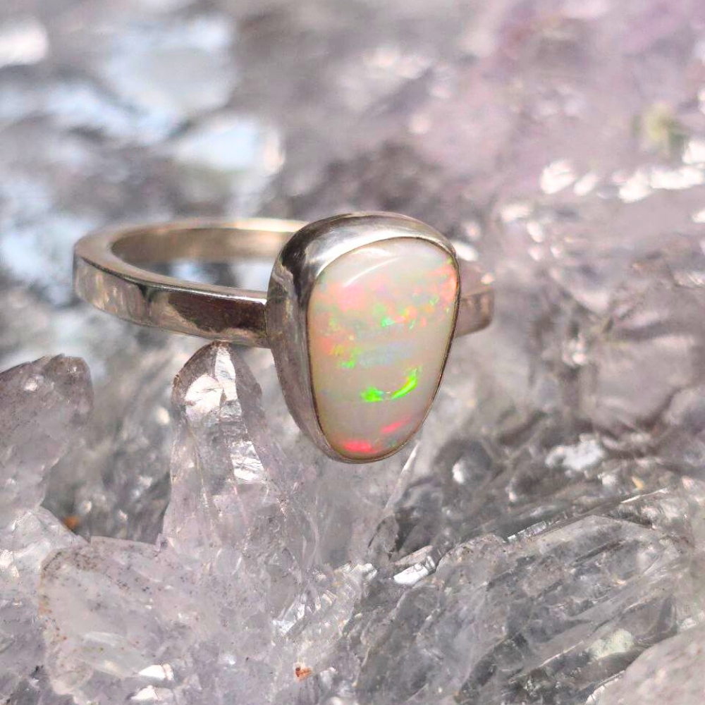 ORWOSPO-1076.1 Solmara Fionis Lightning Ridge solid white opal ring 1.20 Ct with multicolour fire set in polished 925 silver, custom handmade design inspired by autumn light