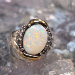 "Elli Callidora" Coober Pedy White Opal Ring 4.00ct 925 Silver with 9ct Gold Design Size US 6