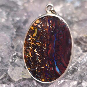 Essencia 80.00ct Queensland natural Boulder Opal custom-made pendant in 925 silver, showing vibrant blue, green and purple subtle fire and natural brilliance.
