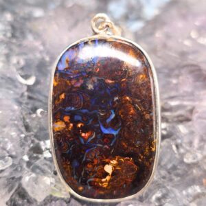 48.00ct natural Boulder Opal pendant in solid 925 Sterling Silver, showcasing natural blue, green, and red flashes from Queensland Australia, handcrafted luxury jewelry.