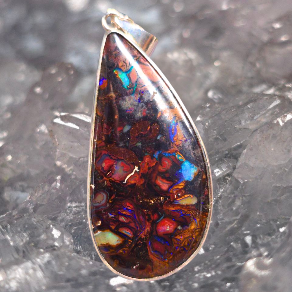 OPBRSPO-1180.1 Luxury handcrafted natural Boulder Opal pendant (57.00ct) in 925 silver, Chalice of Reverie with blue, green, and purple fire.