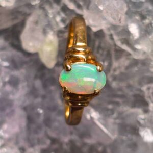 Glacé Belle Lightning Ridge natural Crystal Opal 0.80ct ring in 9K Yellow Gold with soft blue and green flashes, oval cut, US size 8 ( AU P 1/2 )
