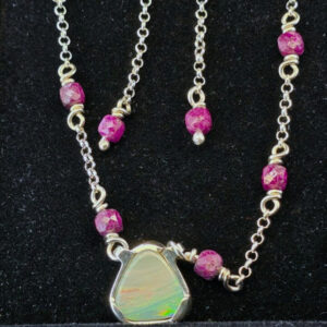 Custom-made Handmade Sunset Aurora Lightning Ridge 3.00ct Dark Opal in 925 Silver Necklace with Natural Ruby and Earrings Set