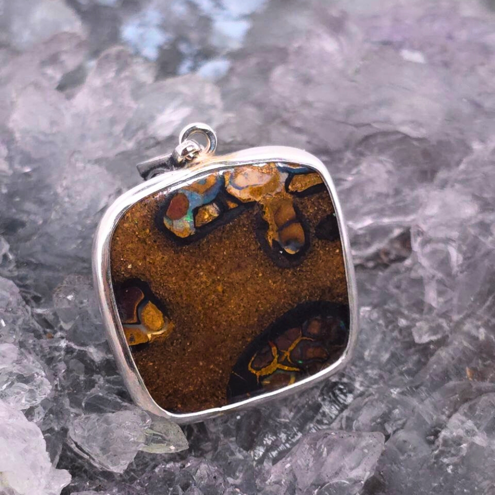 OPBRSPO-1397 (9) "Find the Turtle" Queensland Natural Boulder Opal Handmade S925 Silver pendant glowing with natural earth-toned blues and greens, in an organic low dome