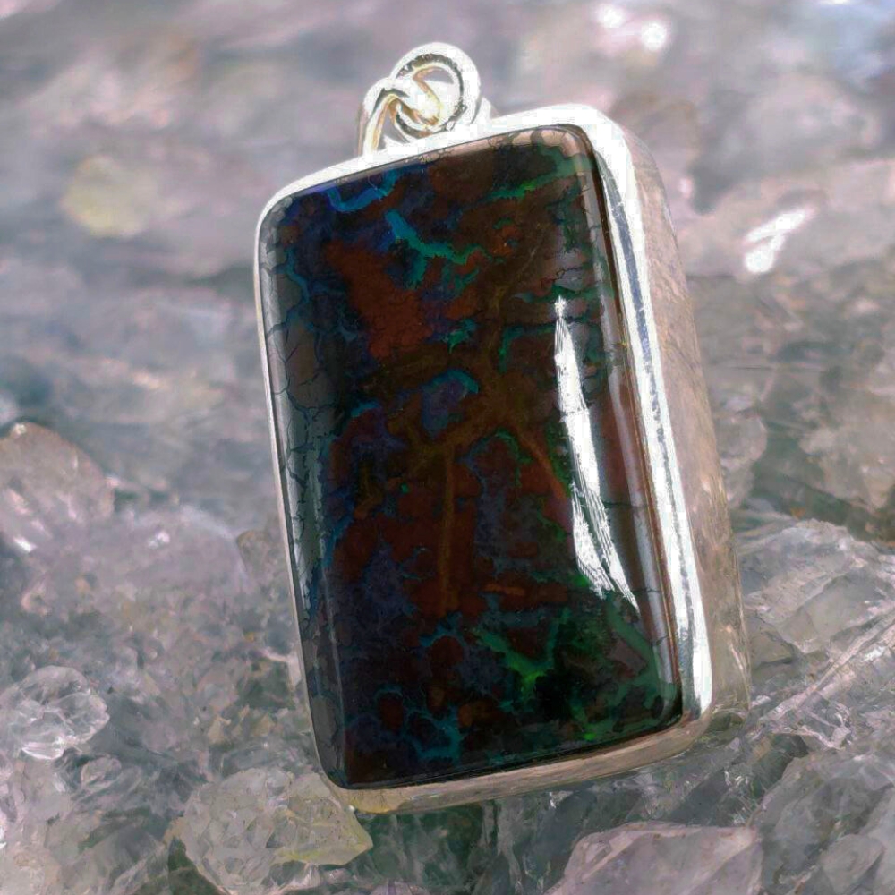 OPBRSPO-1421 (8) Shadow’s Kiss Queensland natural Boulder Opal handmade S925 silver pendant featuring a 53.00ct natural boulder opal with multicolour play, steady brightness, and organic Australian stone patterns.