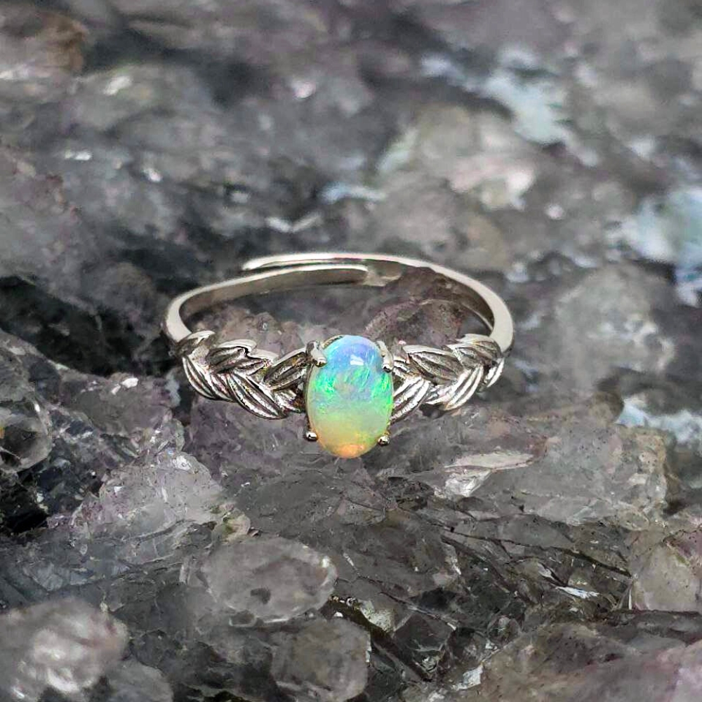 ORCOSPO-1404 (2) La Diva Lightning Ridge natural Crystal Opal 0.60ct ring in polished S925 sterling silver, oval medium dome opal with blue and green fire, adjustable band size US 8