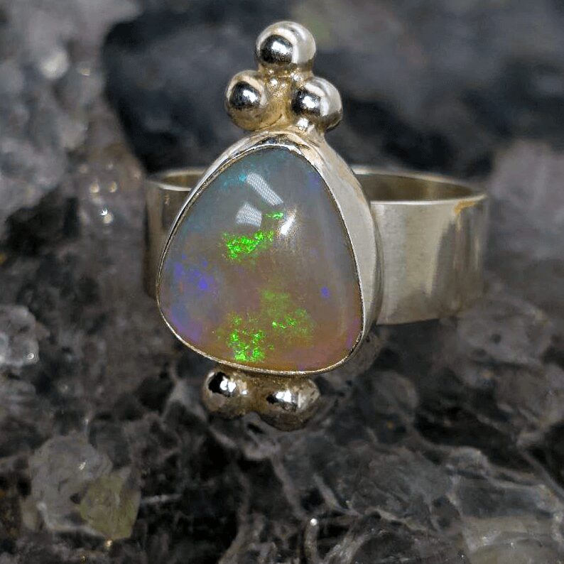 ORCOSPO-1439 Fire and Ice Lightning Ridge natural Crystal Opal ring, 5.00ct freeform crystal opal with blue green orange gold flashes, set in polished S925 sterling silver, luxury statement ring US size 10ΒΌ.