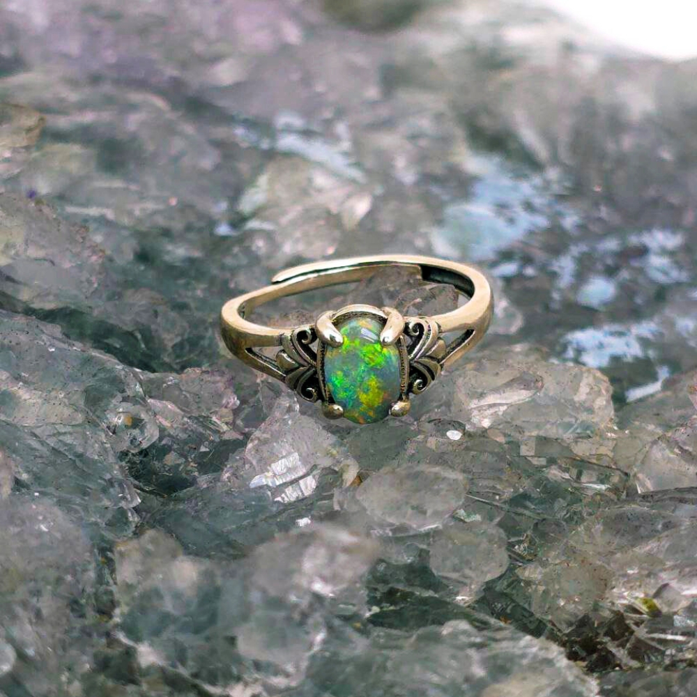 ORDOSPO-1413 (1) Lightning Ridge natural Dark Opal 1.00ct S925 Adjustable Ring US 7.5 in sterling silver, showcasing vivid multicolour play-of-colour and elegant design.