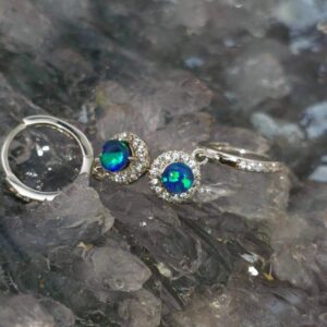"Caer Awen" Lightning Ridge Triplet Opal 0.09g in 925 Silver Hoop Earrings