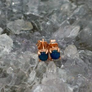 Delicate Lucetta Bimba children’s stud earrings featuring Australian Lightning Ridge natural doublet opal, set in Rose gold-plated S925 silver, lightweight with luminous iridescent colour play.