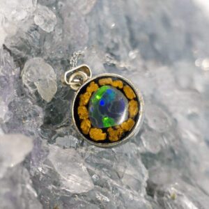 Veyramar Lightning Ridge Black Opal 1.00ct in S925 Silver with 24K NZ Gold Flakes Handmade Pendant in Resin Necklace