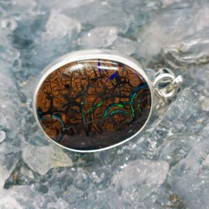 Solun Drift Queensland natural Boulder Opal 20.00ct S925 Handmade Silver Pendant showcasing solid natural opal in sterling silver handcrafted hypoallergenic jewelry from Australian outback.