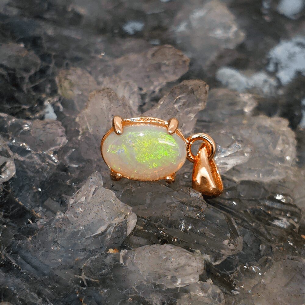 OPCOSPO-1564 (2) Caelivora Rosanthel natural Lightning Ridge crystal opal pendant featuring 1.00ct opal with vibrant multicolour play and rose gold-plated sterling silver setting.