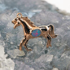 Rose gold-plated S925 pendant featuring Australian natural doublet opal 0.2g with shifting colours, refined finish, lightweight structure, and elegant handcrafted jewelry horse design.