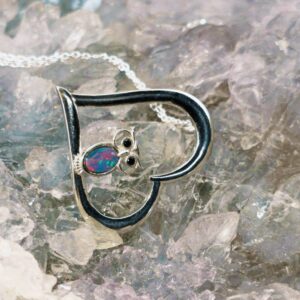 Lightning Ridge Natural Doublet Opal 0.16g S925 Silver Necklace, with 46 cm chain, featuring owl in a heart motif symbolising wisdom, intuition, resilience, and refined silver design