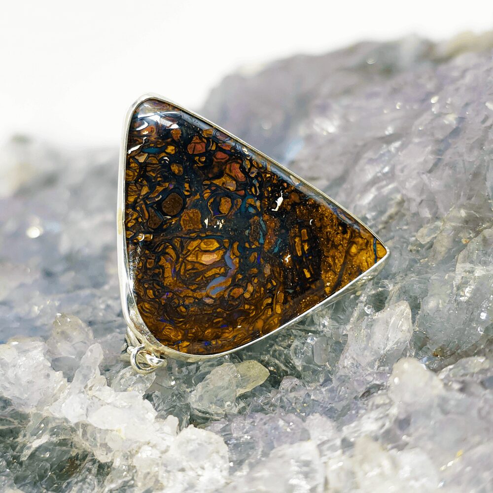 OPBRSPO-1538 (1) Queensland natural Boulder Opal 20.00ct S925 Silver Custom Pendant showing blue green purple fire in natural freeform, organic design.