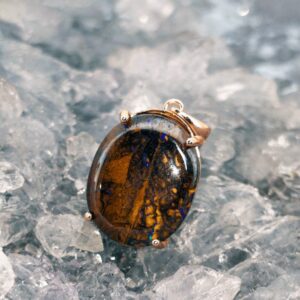 Eryndra 10.00ct Queensland natural boulder opal pendant in S925 rose gold-plated silver, low dome oval, blue green purple shifting twilight colours.