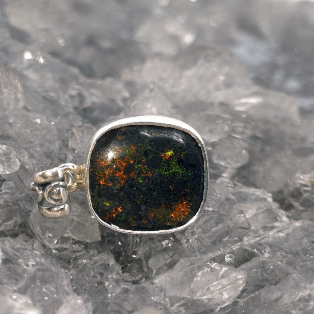 OPMOTPO-1603 (4) Caelithra Andamooka Treated Matrix Opal 14.00 ct handmade pendant set in S925 silver showing blue, green, orange, gold, pink, red, purple fire.