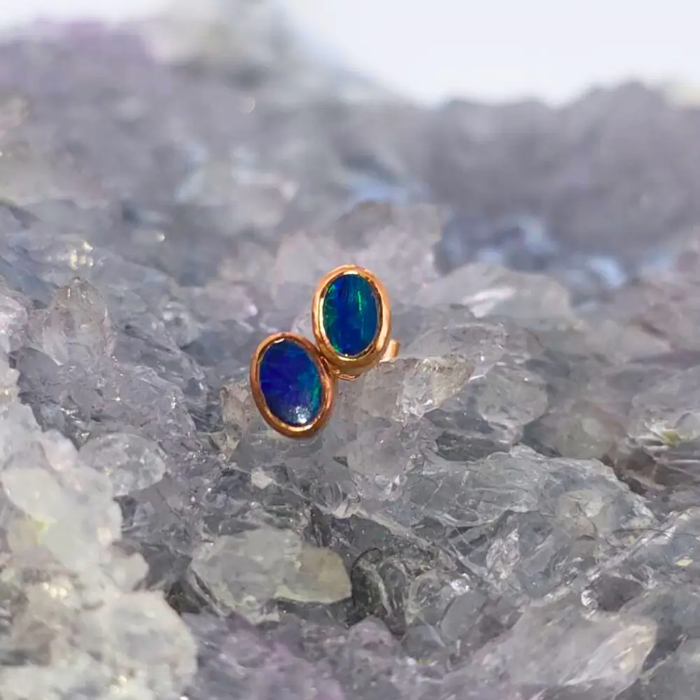 OEDPO-1715 (3) Australian Doublet Opal 0.24g S925 Rose Gold-Plated Earrings showcase natural oval Lightning Ridge opals with radiant play-of-colour in a minimalist, elegant design.
