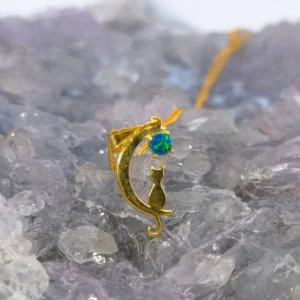 Lightning Ridge natural Doublet Opal 0.12g Gold-Plated S925 Necklace with round low dome pendant displaying blue green orange gold purple colours, layered opal in cat and crescent moon design