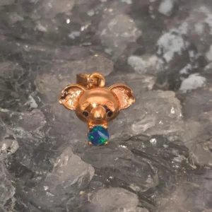 Lightning Ridge Australian Natural Doublet Opal 0.15g S925 Rose Gold-Plated Pendant features a baby koala design with vibrant blue, green, and purple play-of-colour.