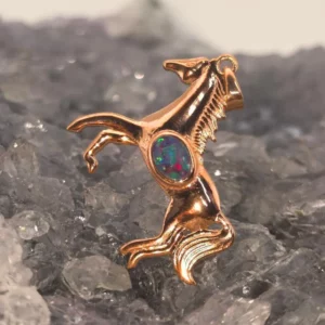 Natural Australian Doublet Opal 0.2g S925 Rose Gold-Plated Pendant with layered Lightning Ridge opal, horse-inspired design, and vibrant multicolour brilliance.