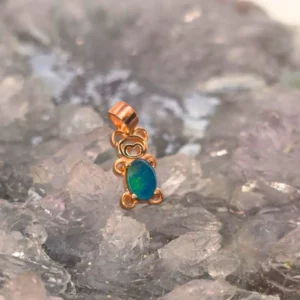 Fun Fuzzy Bear Lightning Ridge natural Australian Doublet Opal pendant in rose gold-plated S925 silver, playful blue green cute oval charm.