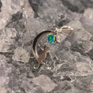 Sweet Kitty Lightning Ridge Natural Doublet Opal 0.12g S925 Silver Pendant featuring a round, low dome, multicoloured Australian opal above a kitten resting on a crescent moon.
