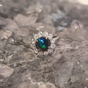 Maerynthra Lightning Ridge Natural Black Opal 1.20 ct S925 Silver With CZ Adjustable Ring US 6+1⁄2