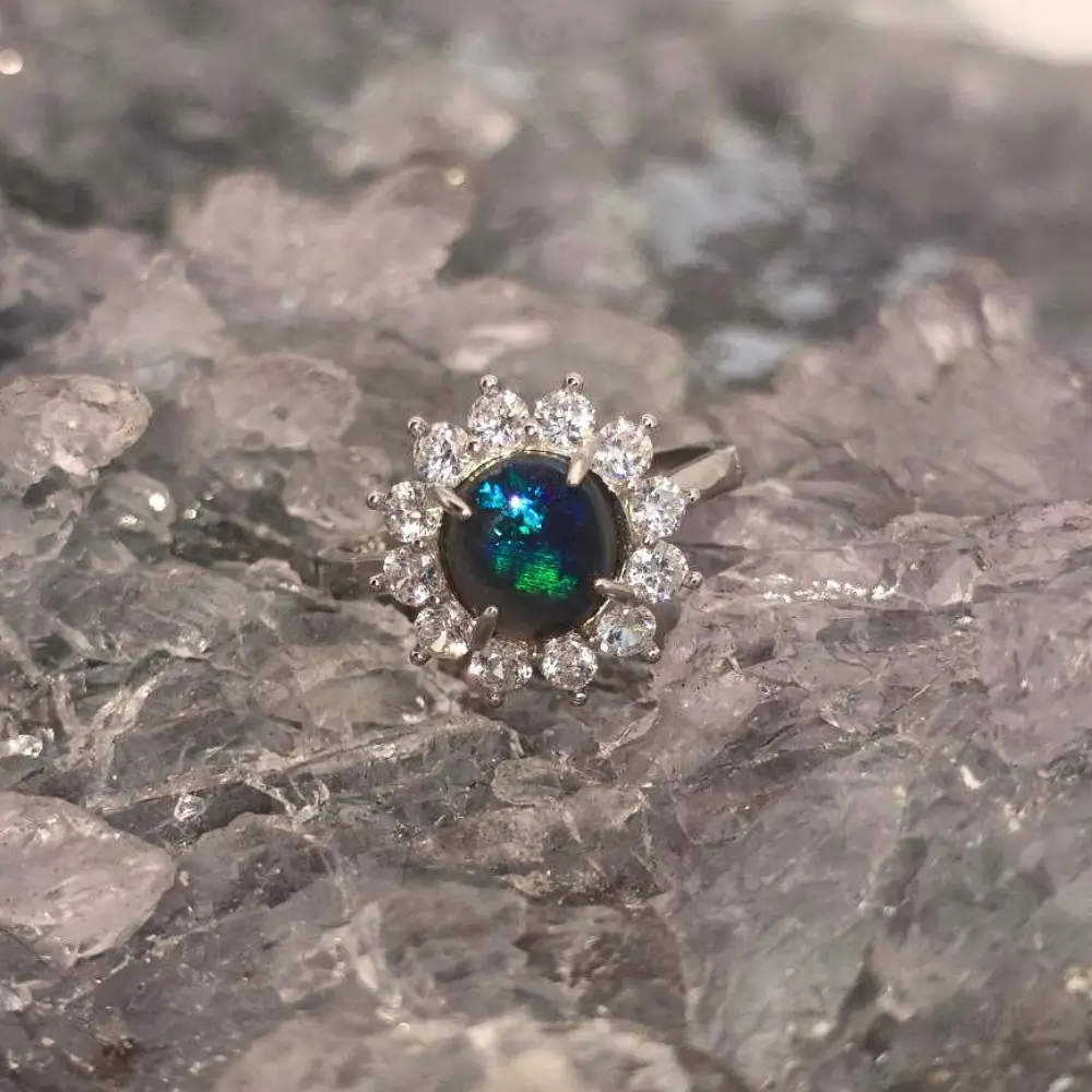 ORBOSPO-1688 (6) Natural Lightning Ridge Black Opal 1.20ct S925 Silver w/ CZ Ring US 6+1⁄2 featuring deep colours, CZ accents, elegant handcrafted sterling silver ring.
