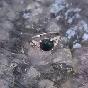 Olyndraea Lightning Ridge Natural Black Crystal Opal 1.10 ct S925 Silver Ring Size US 8+1⁄2