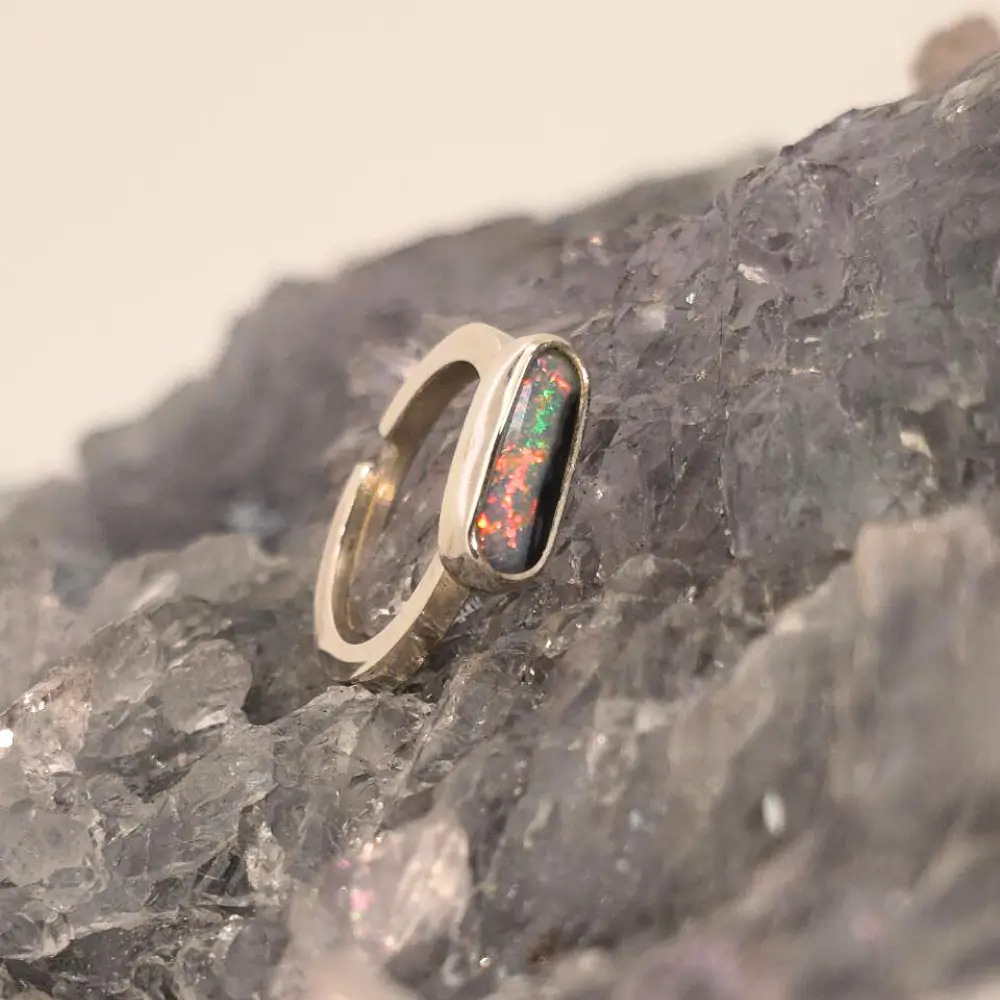 ORDOSPO-1691 (2) Handmade S925 adjustable ring featuring natural Mintabie dark opal 1ct US 5+1⁄4, highlighting mystical essence, handcrafted detail, and luminous gemstone brilliance.
