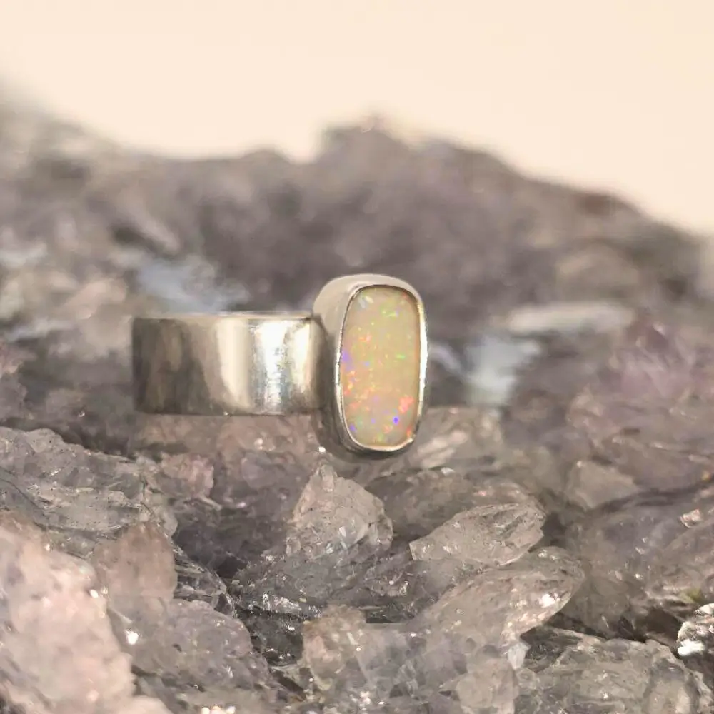 ORWOSPO-1690 (3) Coober Pedy White Opal 3.00ct S925 Silver Men's Ring US 12+3⁄4 displays multicolour play, showcasing bold masculine presence, handmade craftsmanship, refined strength.