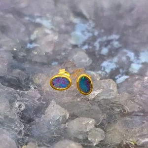 'Pyraelle' Lightning Ridge Natural Doublet Opal 0.24g Gold Plated S925 Silver Stud Earrings