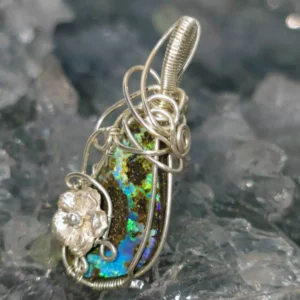 'Avanta' Queensland Carved Natural Boulder Opal 10.00 ct. in 925 Silver Handmade Wire-wrapped Pendant