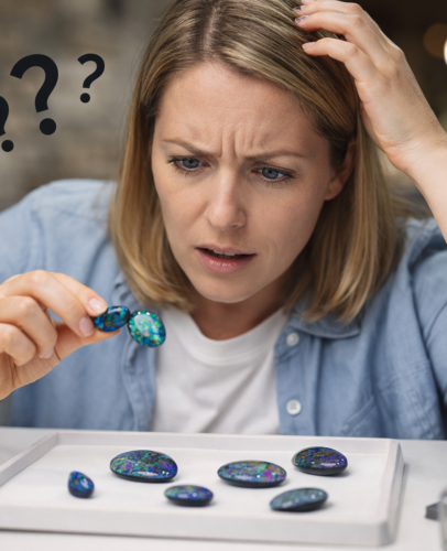 Beginner’s guide to buying opal showing a confused buyer comparing opal stones and unsure which to choose
