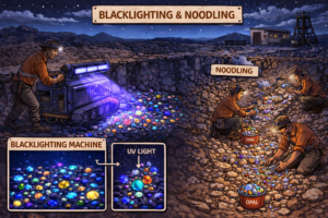 Opal mining Coober Pedy blacklighting and noodling showing UV light revealing opals in mullock at night
