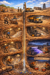 Miners using modern techniques to drill and tunnel in Coober Pedy opal mines.
