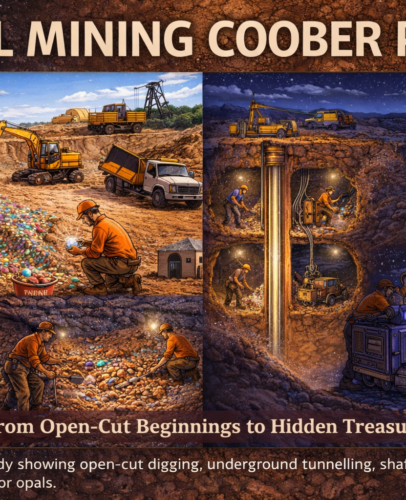 Opal mining Coober Pedy showing open cut, underground tunnelling, shaft drilling and blacklighting