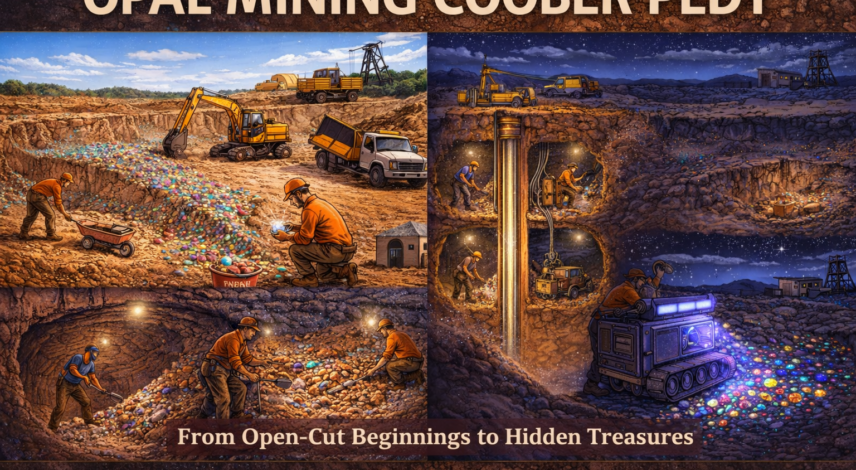 Opal Mining Coober Pedy: From Open-Cut to Underground Methods Opal mining Coober Pedy showing open cut, underground tunnelling, shaft drilling and blacklighting